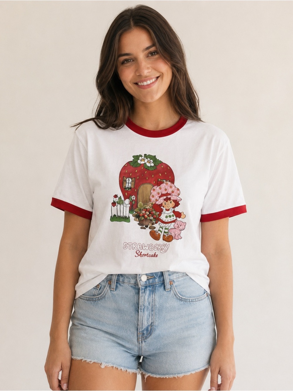 Hot Topic White Ringer Tee with Red Trim Strawberry Shortcake Graphic